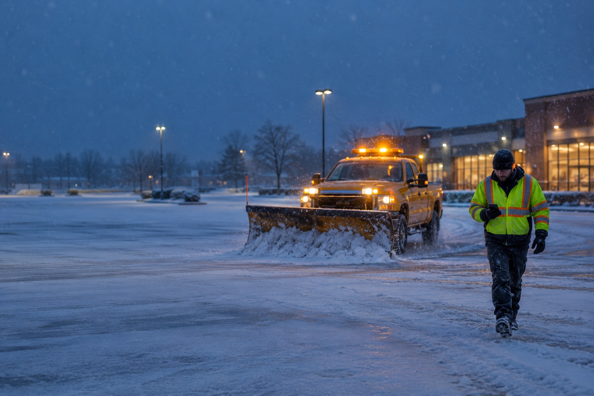 A plow truck with amber beacons clearing a commercial lot at dawn while a worker checks a phone